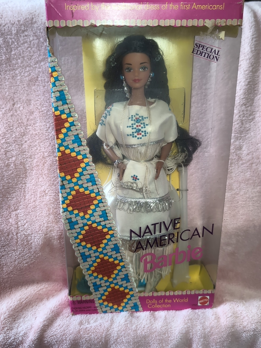 Native American Barbie Doll in White Beaded Outfit